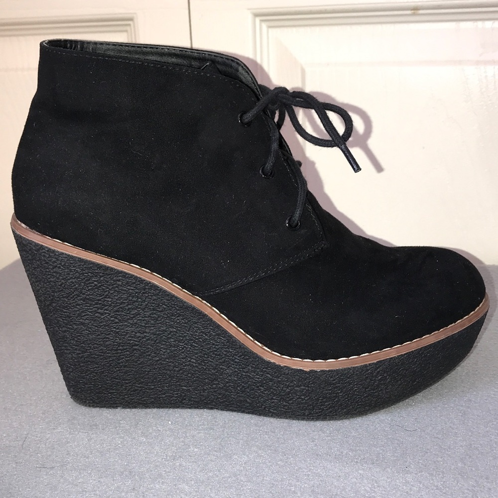 Black Lace up High Heel Platform Wedge Ankle Boots